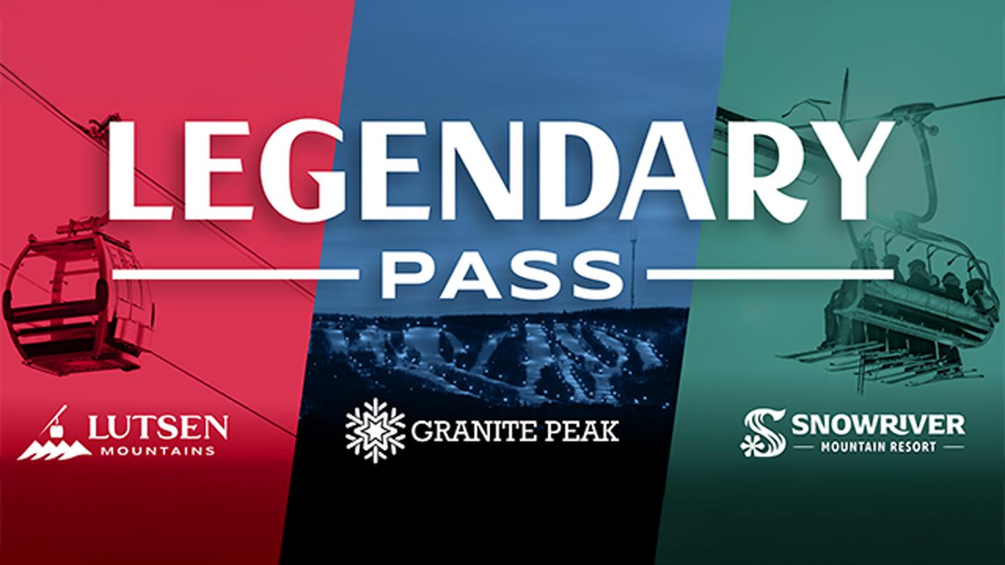 Ski resort logos on multicolored panels with "Legendary Pass."