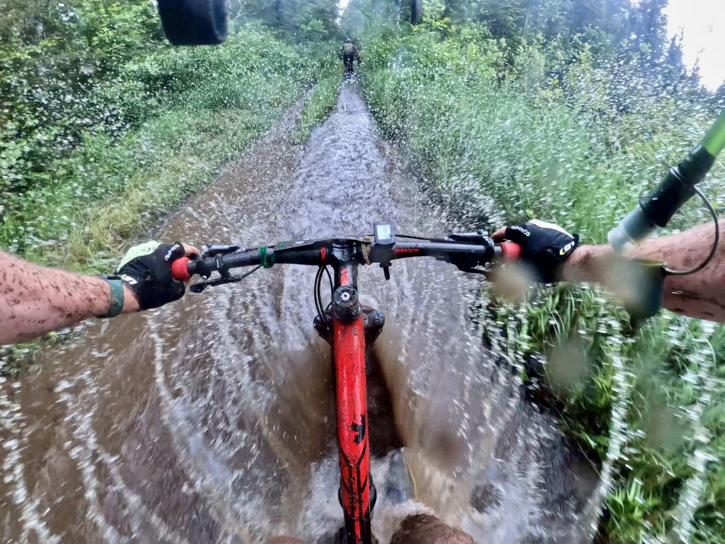 Biker navigating through a muddy forest trail.