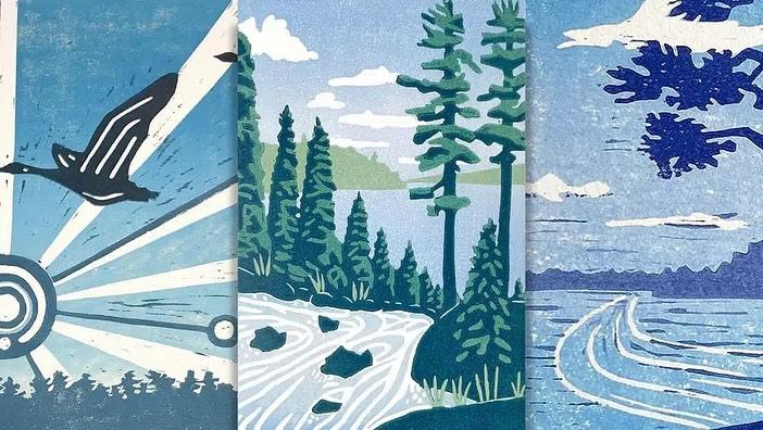 Stylized landscapes with a bird, forest, and river in blue tones.