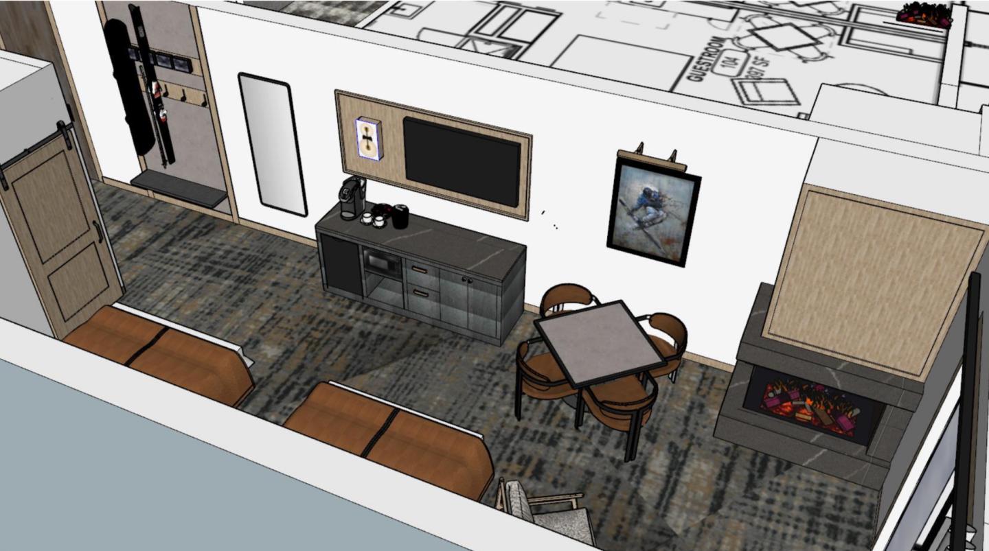 3D rendering of a modern living room with a fireplace, table, and wall decor.