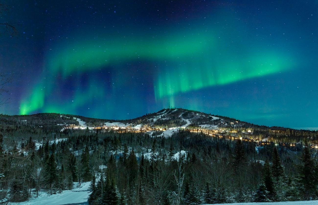 Northern lights over a snowy mountain and forest at night.