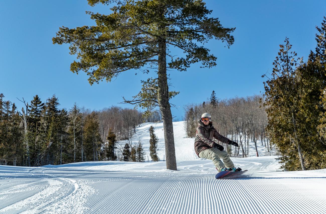 Snowboarder gliding down a sunny, snow-covered slope with trees in the background.