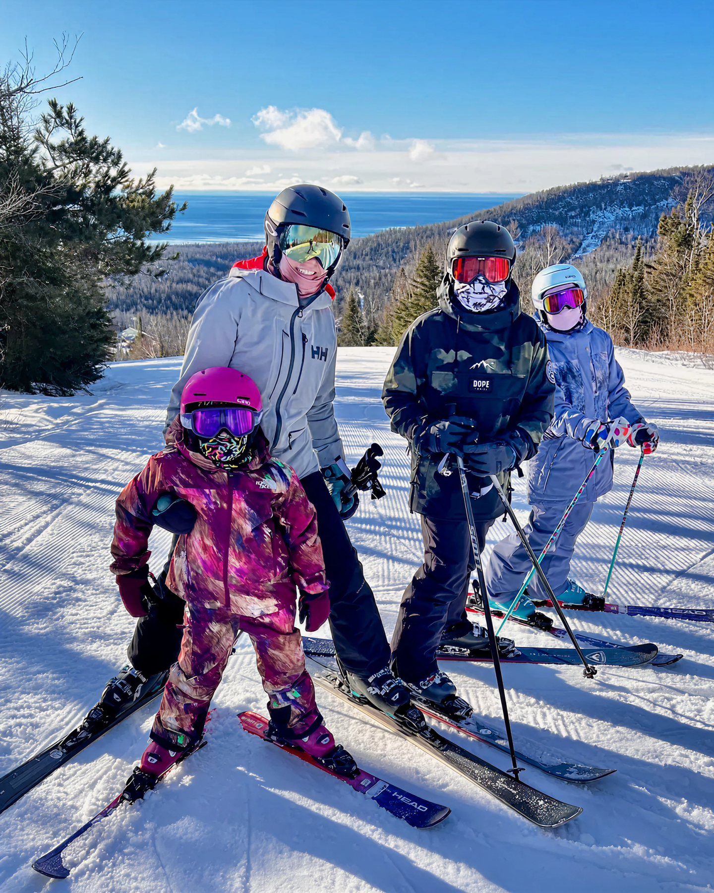 Four people skiing on a snowy slope with a scenic mountain view.