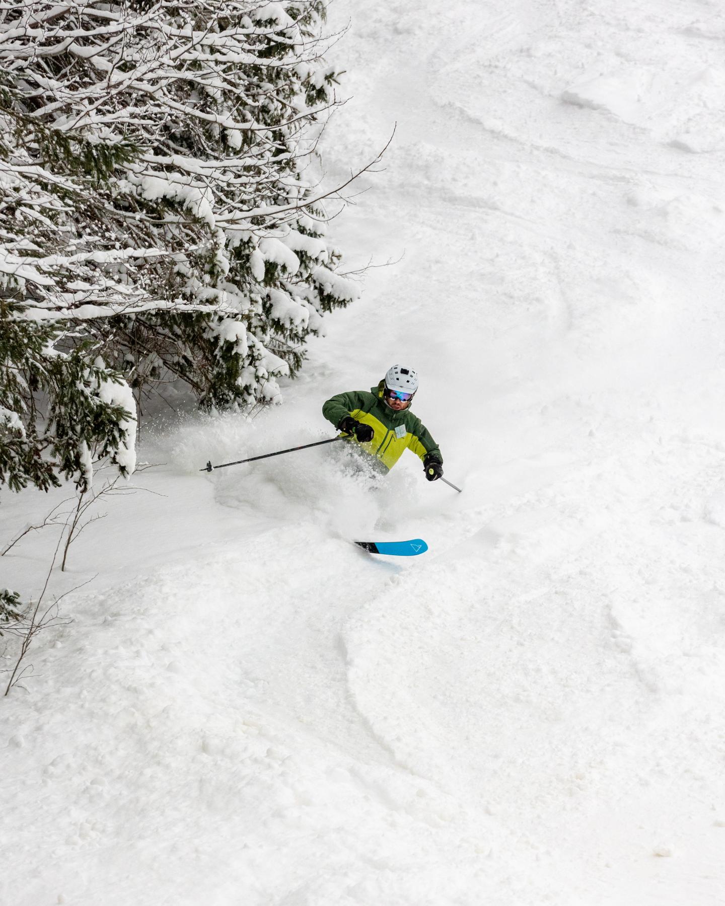 Skier in green descends a snowy slope beside trees.