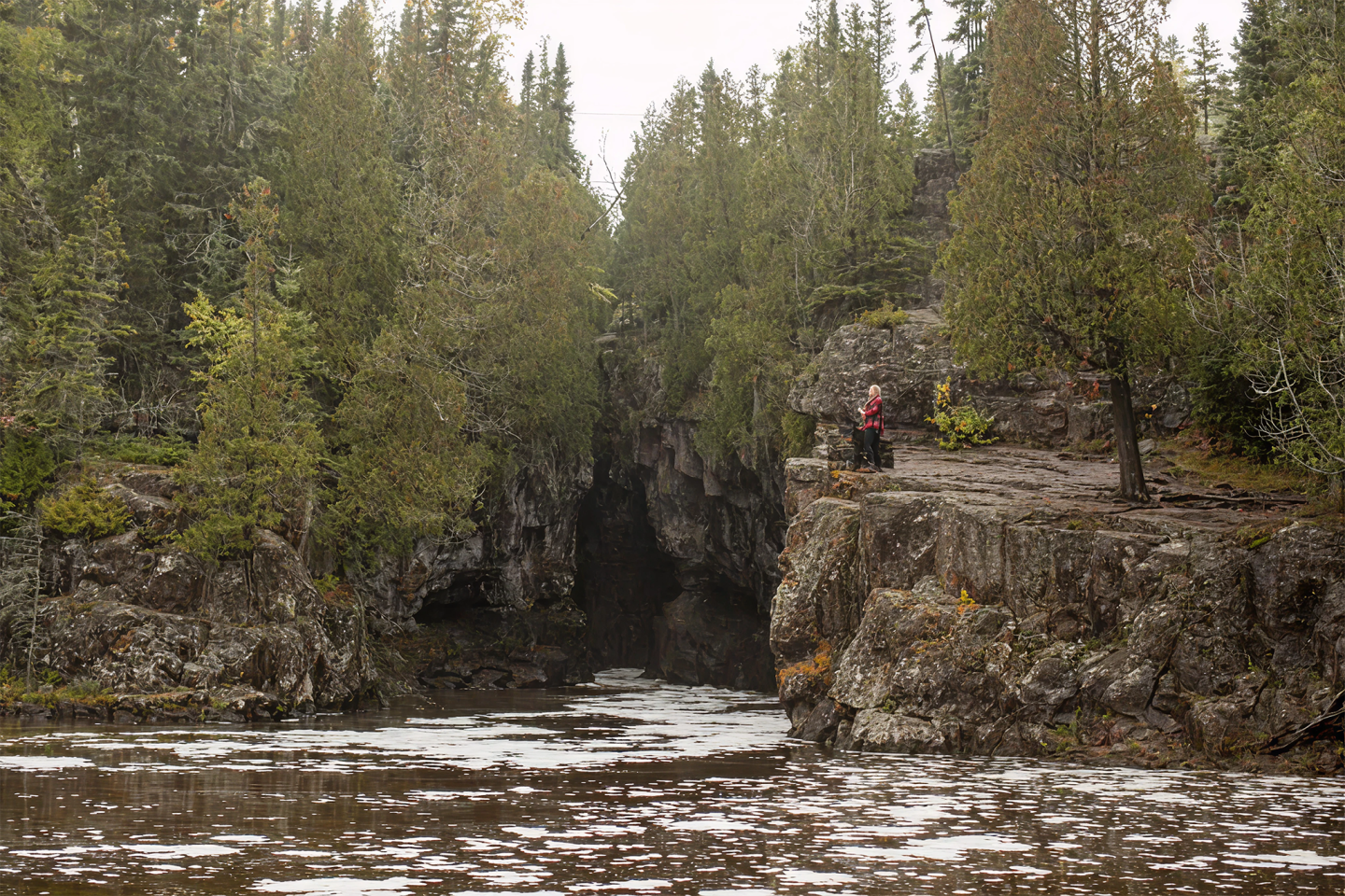 River flowing through lush forest, rocky cliffs in background.