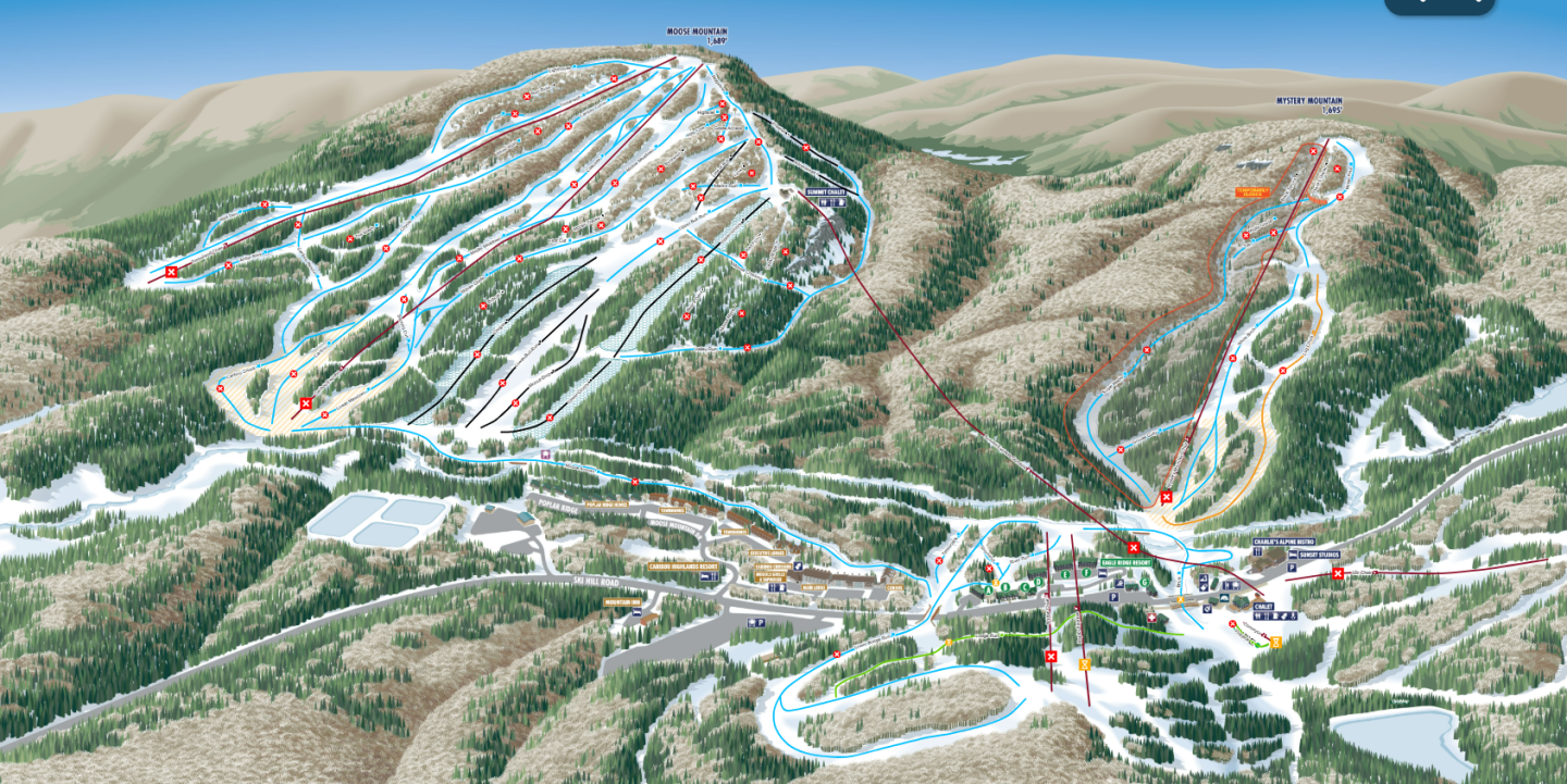 Ski resort map showing trails on mountainous terrain.