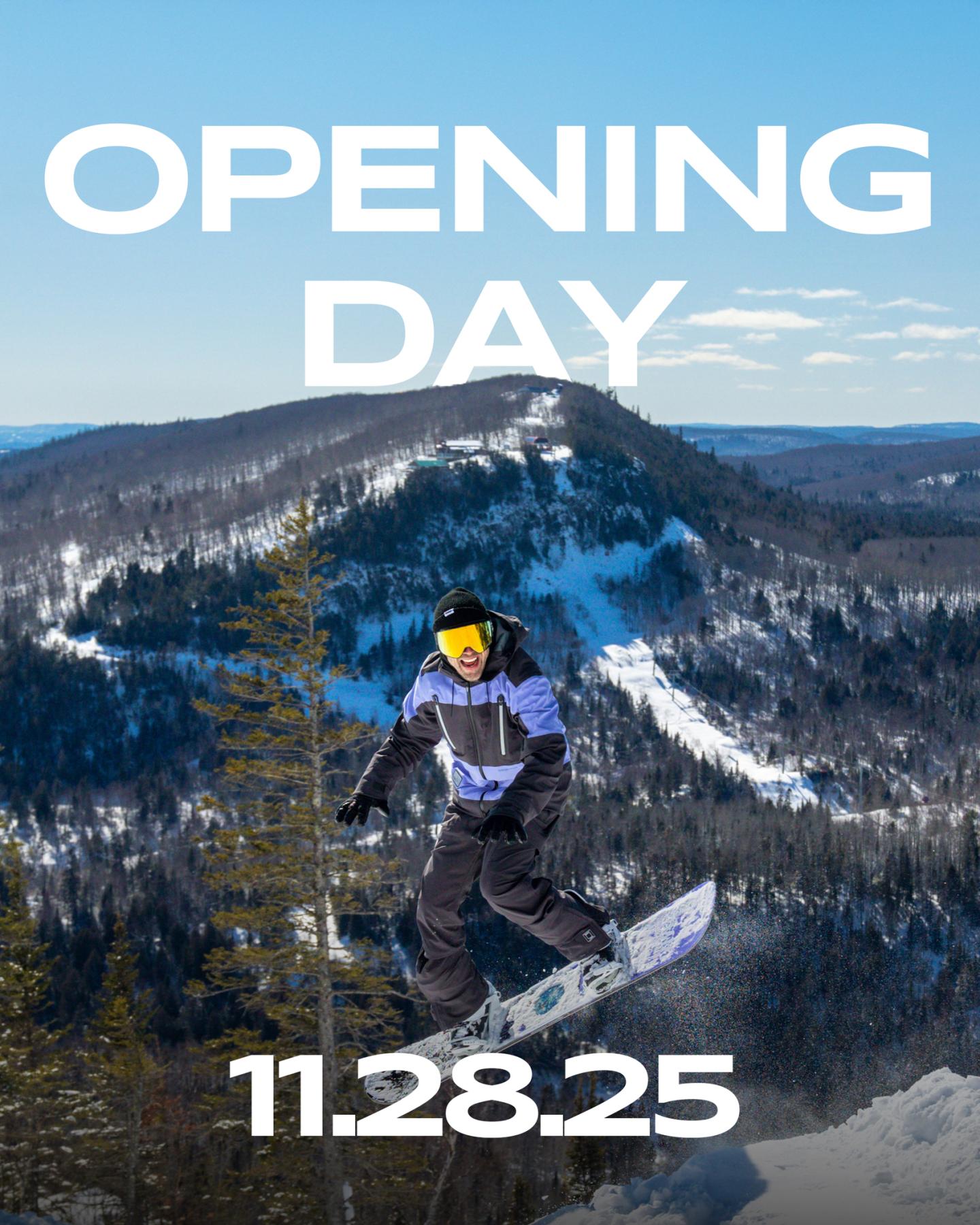 Snowboarder on snowy mountain with pine trees, clear blue sky.