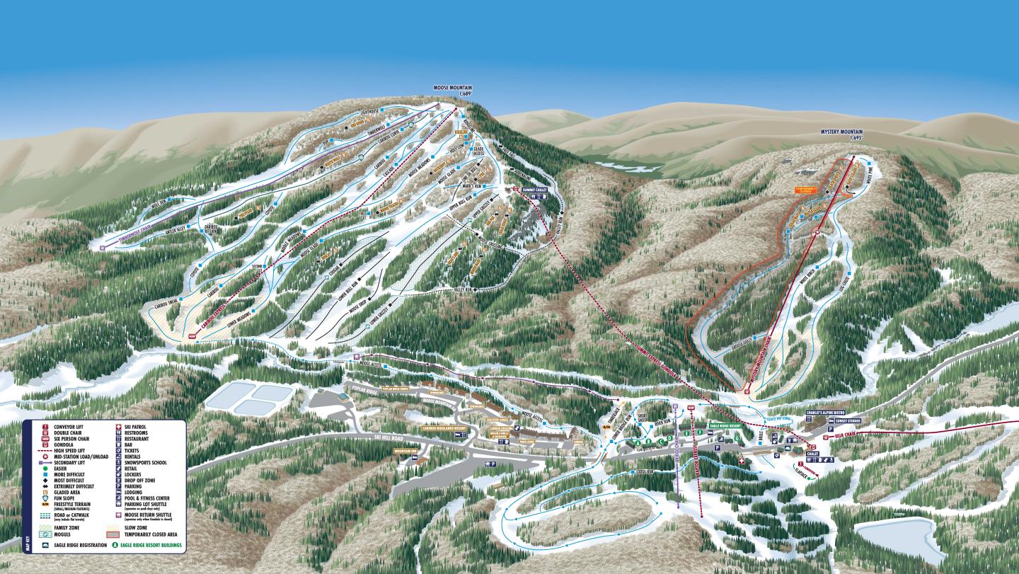 Ski resort map with marked trails on snowy mountains.