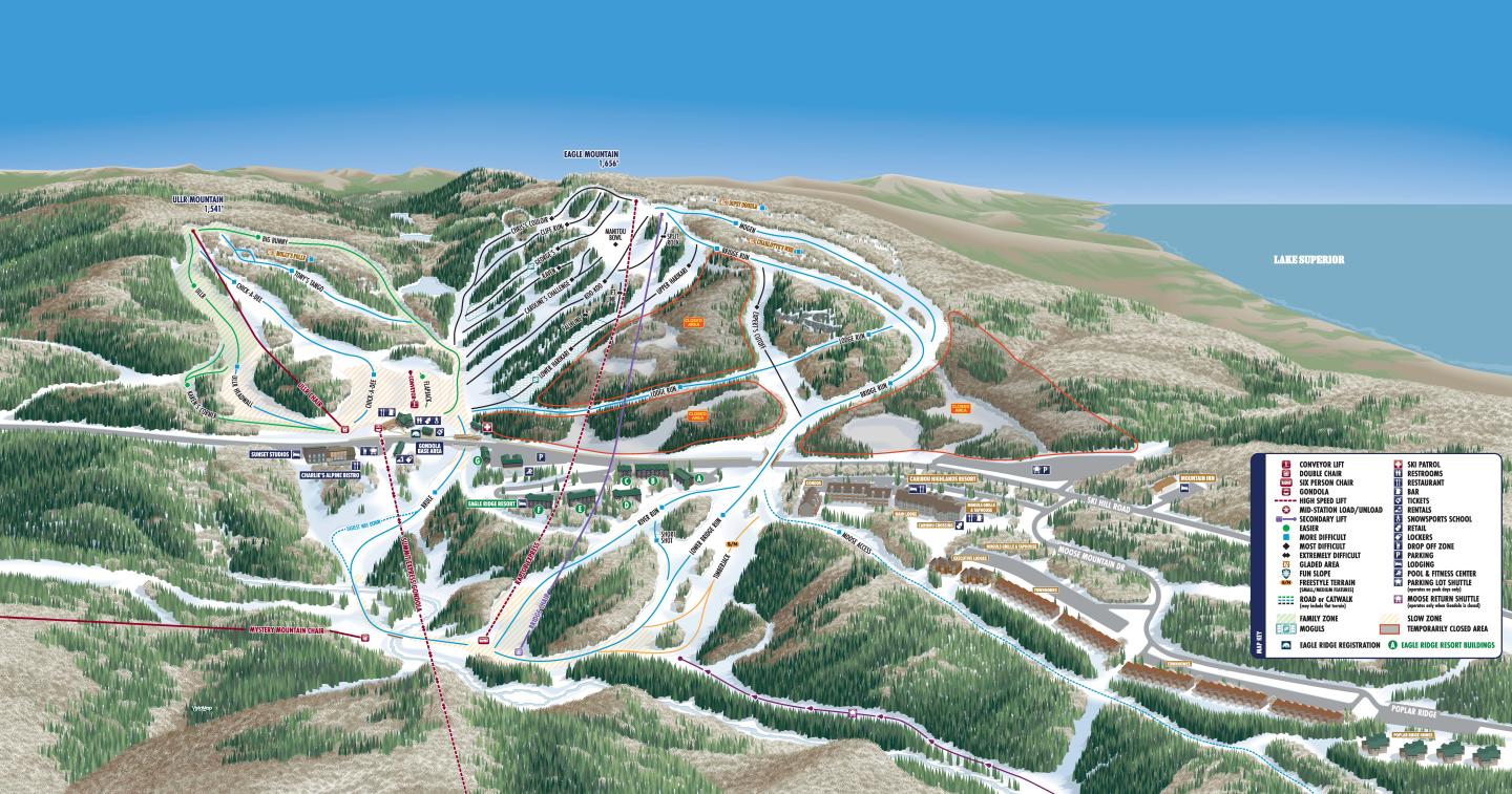 Ski resort map with labeled trails and lifts, set in mountainous terrain.