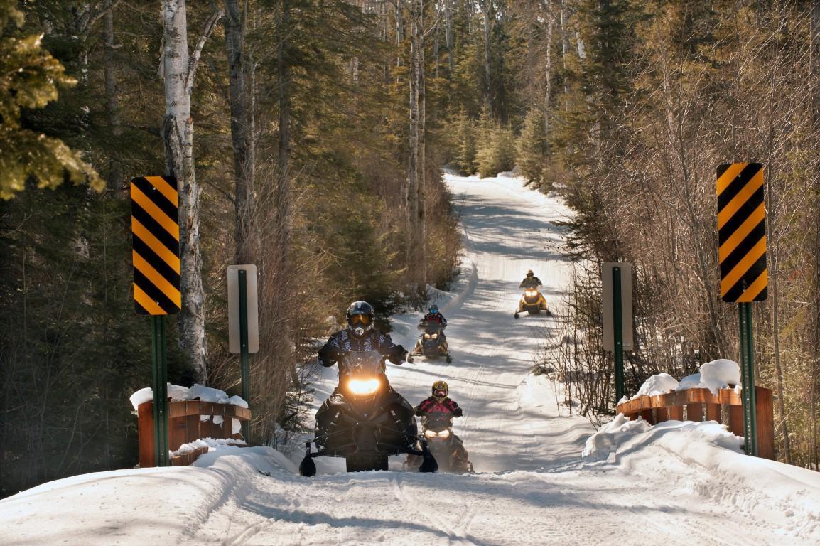 Snowmobiles on a snowy trail through a forest.
