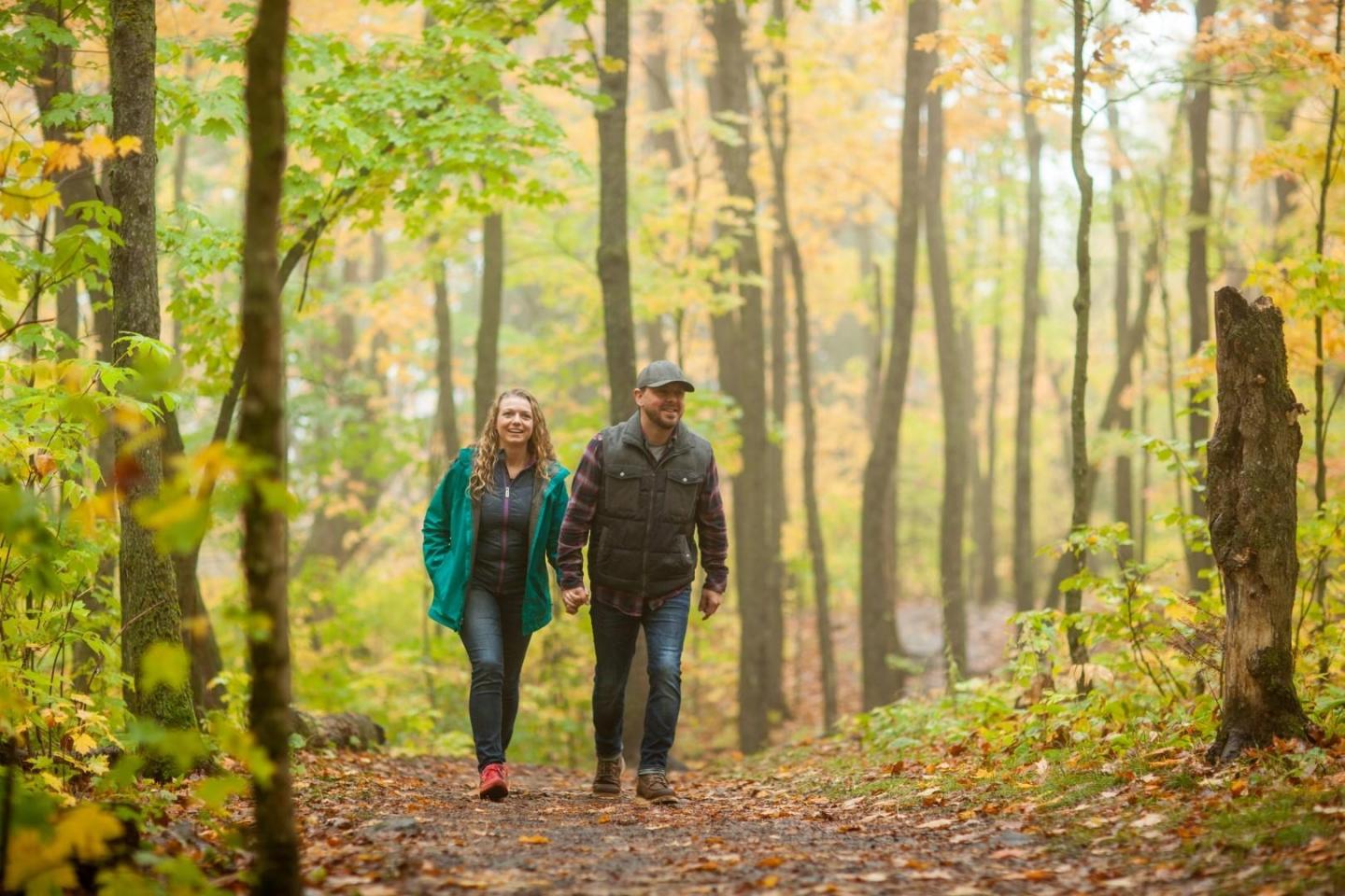 Couple walking on a forest trail in autumn.