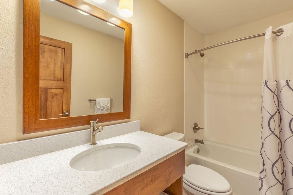 Bathroom with a sink, wooden mirror, toilet, and shower with a patterned curtain.