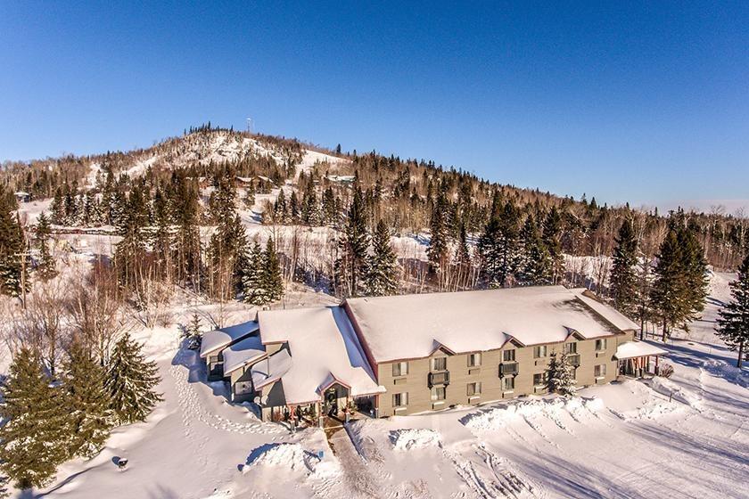 Snow-covered lodge with trees and mountain under clear blue sky.