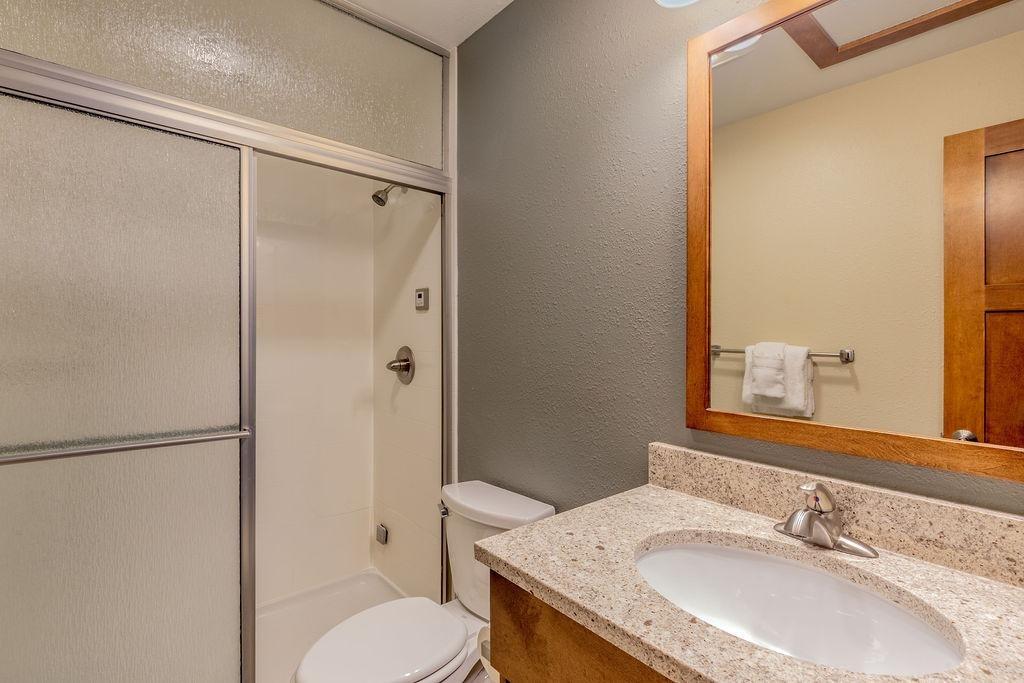Bathroom with shower, granite countertop, mirror, and towel rack.