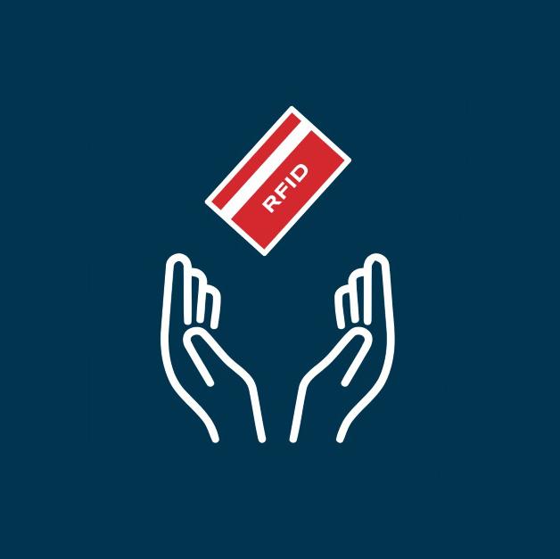 Hands reaching for an RFID card, blue background.