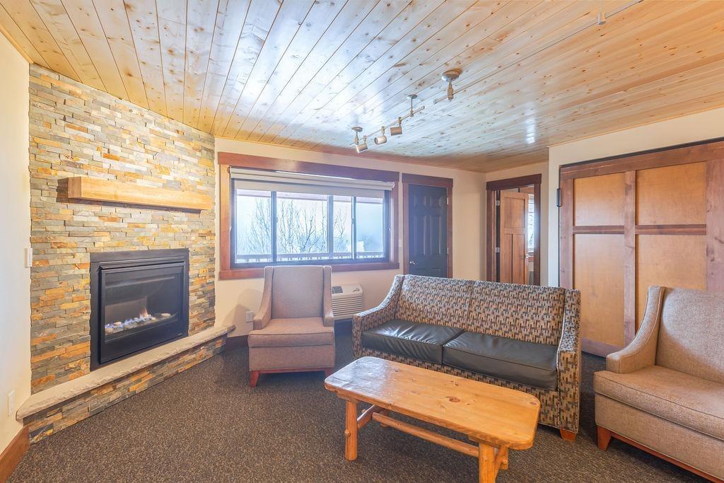 Cozy living room with stone fireplace, wooden ceiling, and large window.