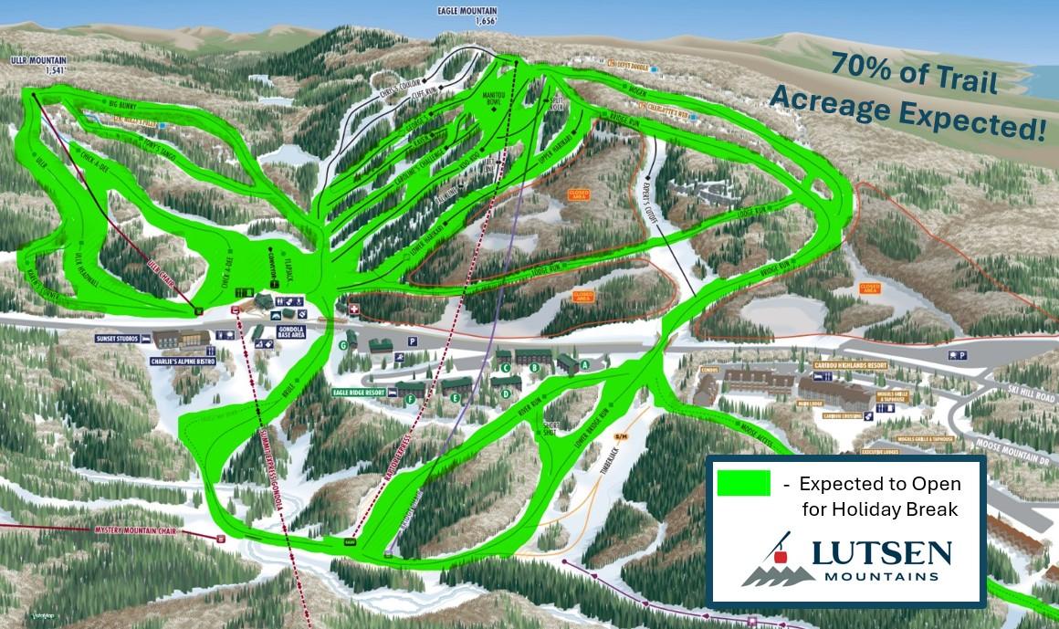 Map of Lutsen Mountains ski trails highlighted in green.