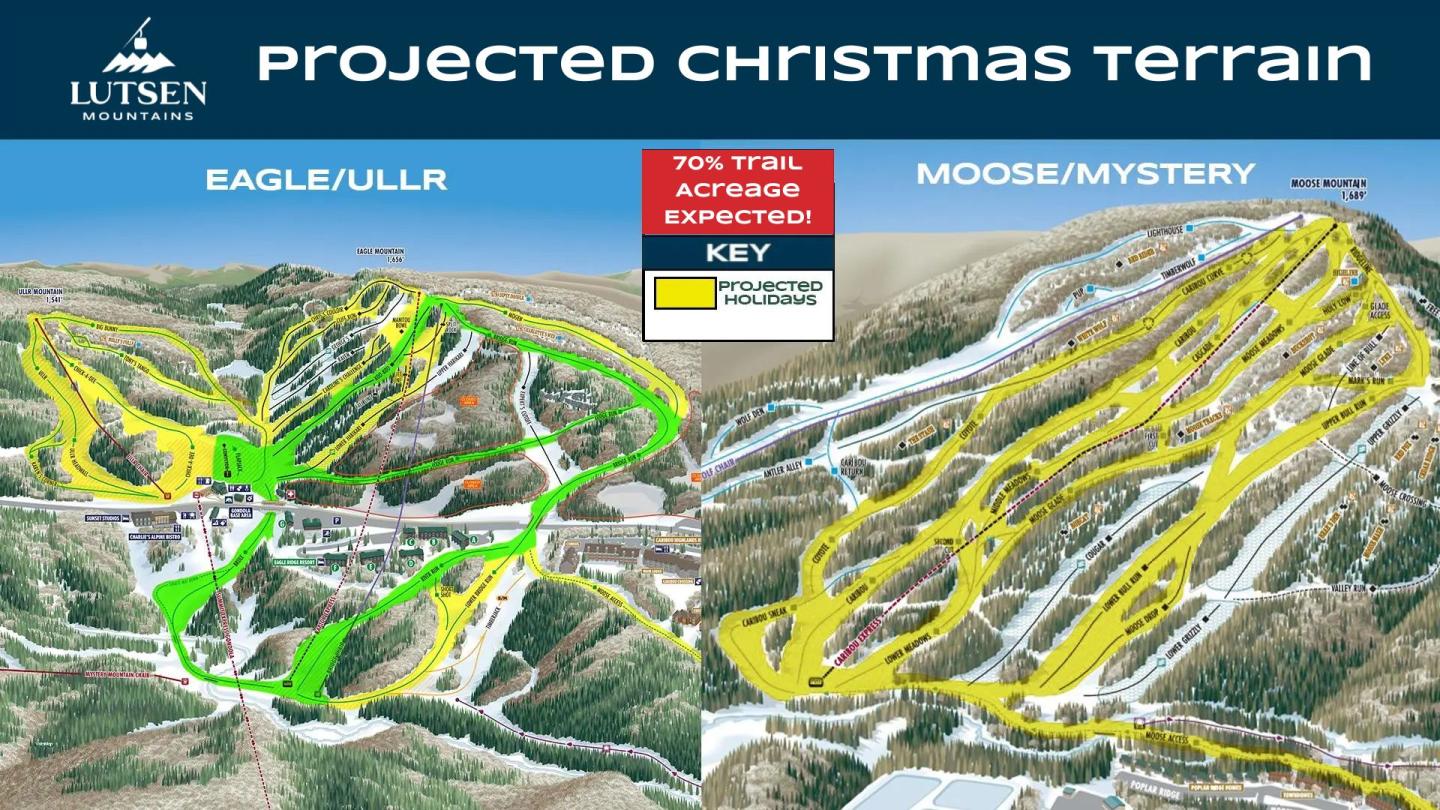 Projected ski terrain map with marked trails and areas.