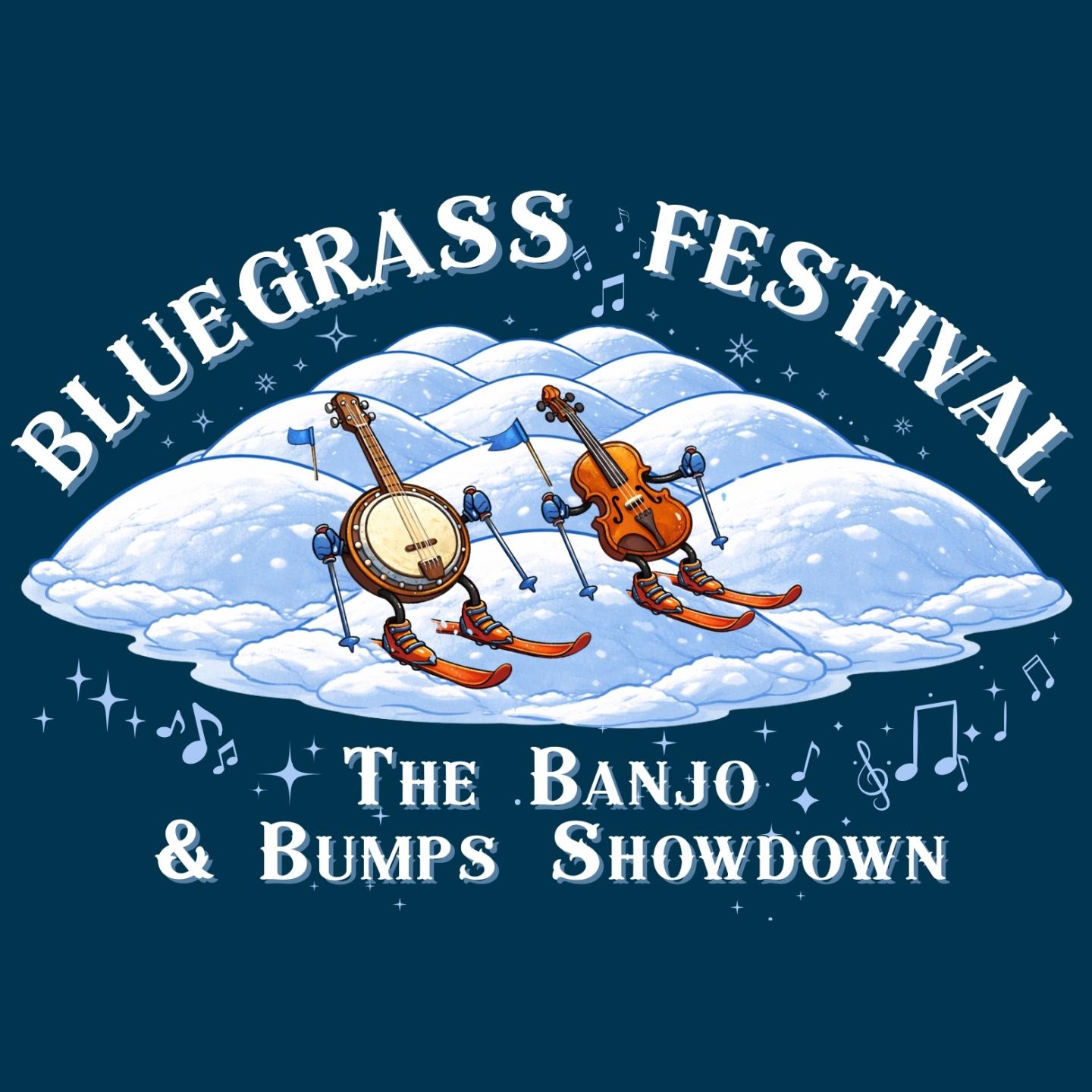 Bluegrass Festival logo with skiing banjo and fiddle on snow.
