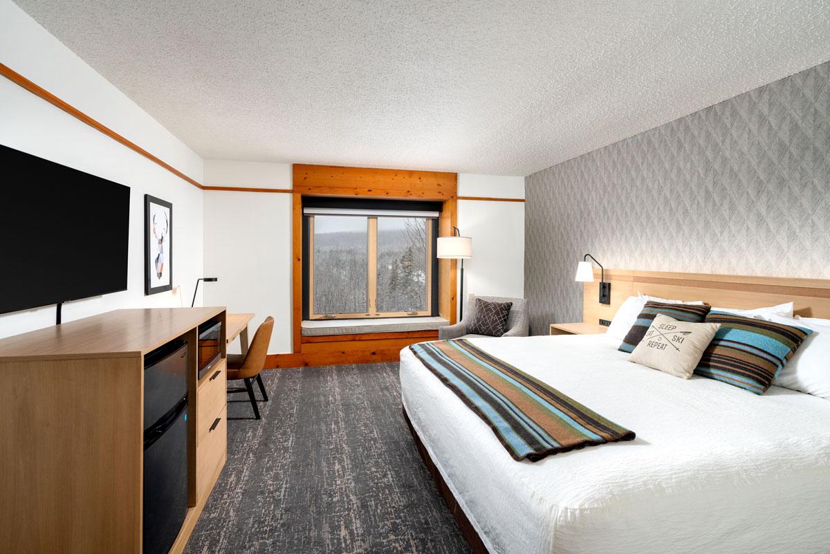 Cozy hotel room with a large bed, window view, and a TV.