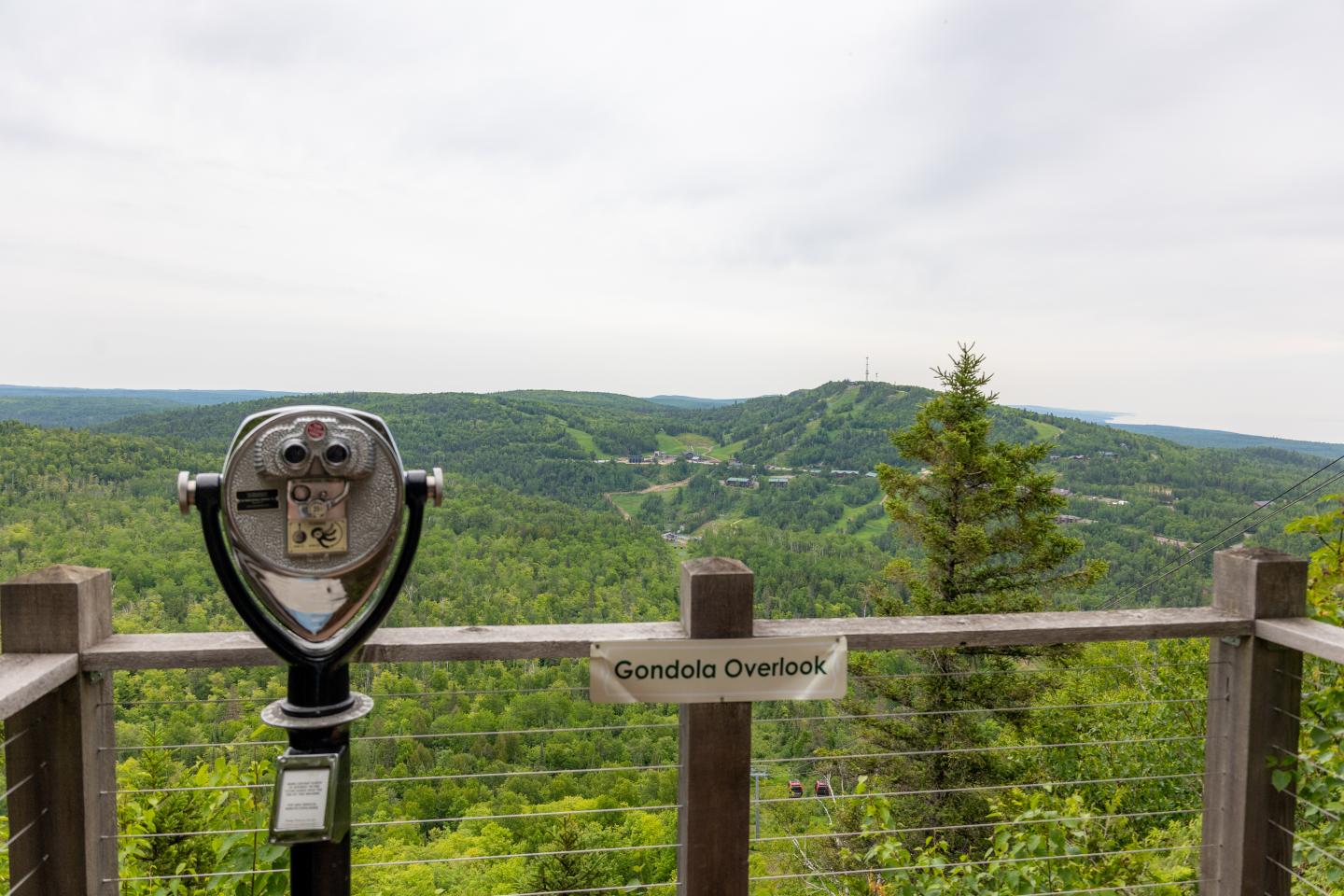 Coin-operated binoculars overlooking a lush green valley.