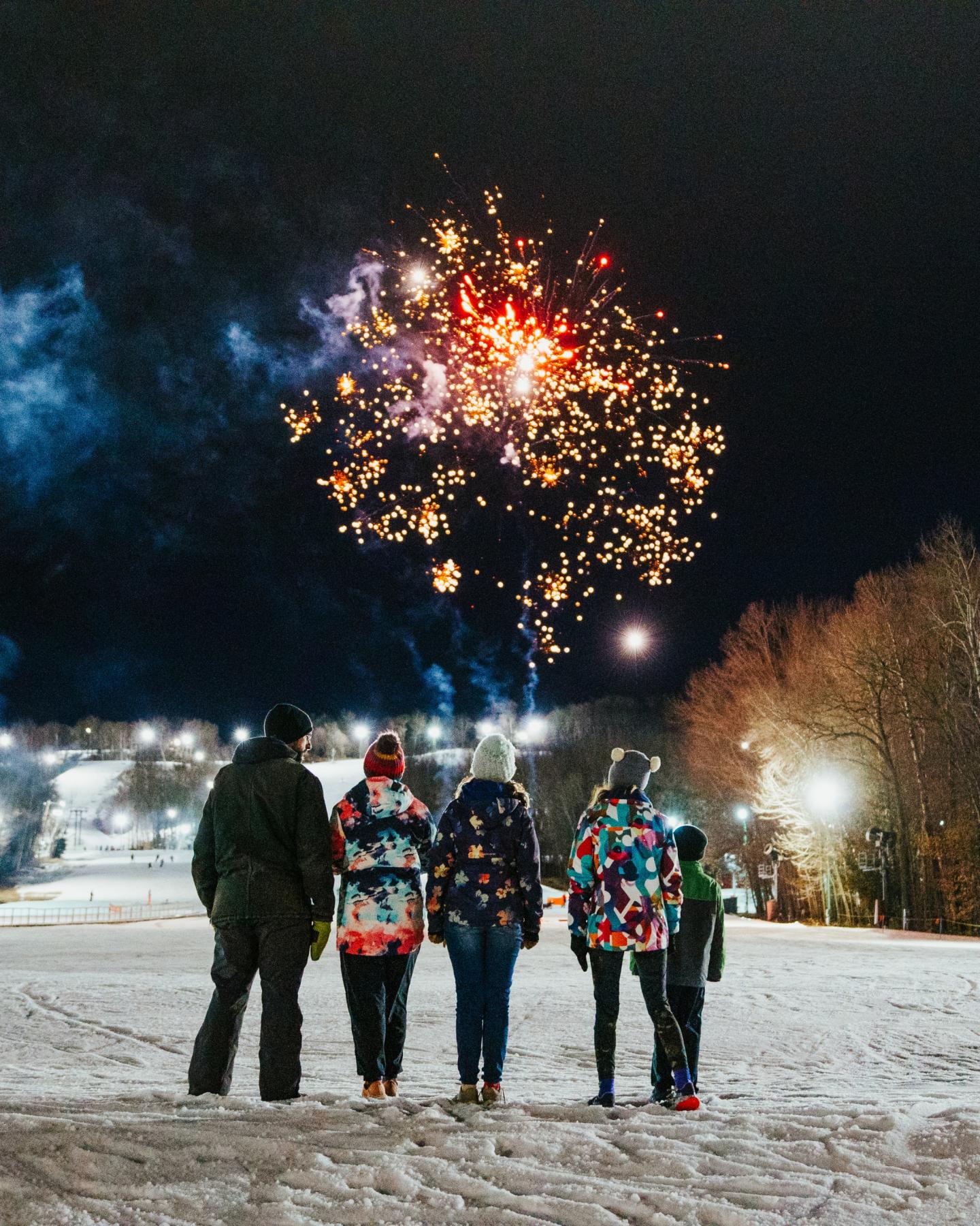 Fireworks in night sky above group on snowy field.