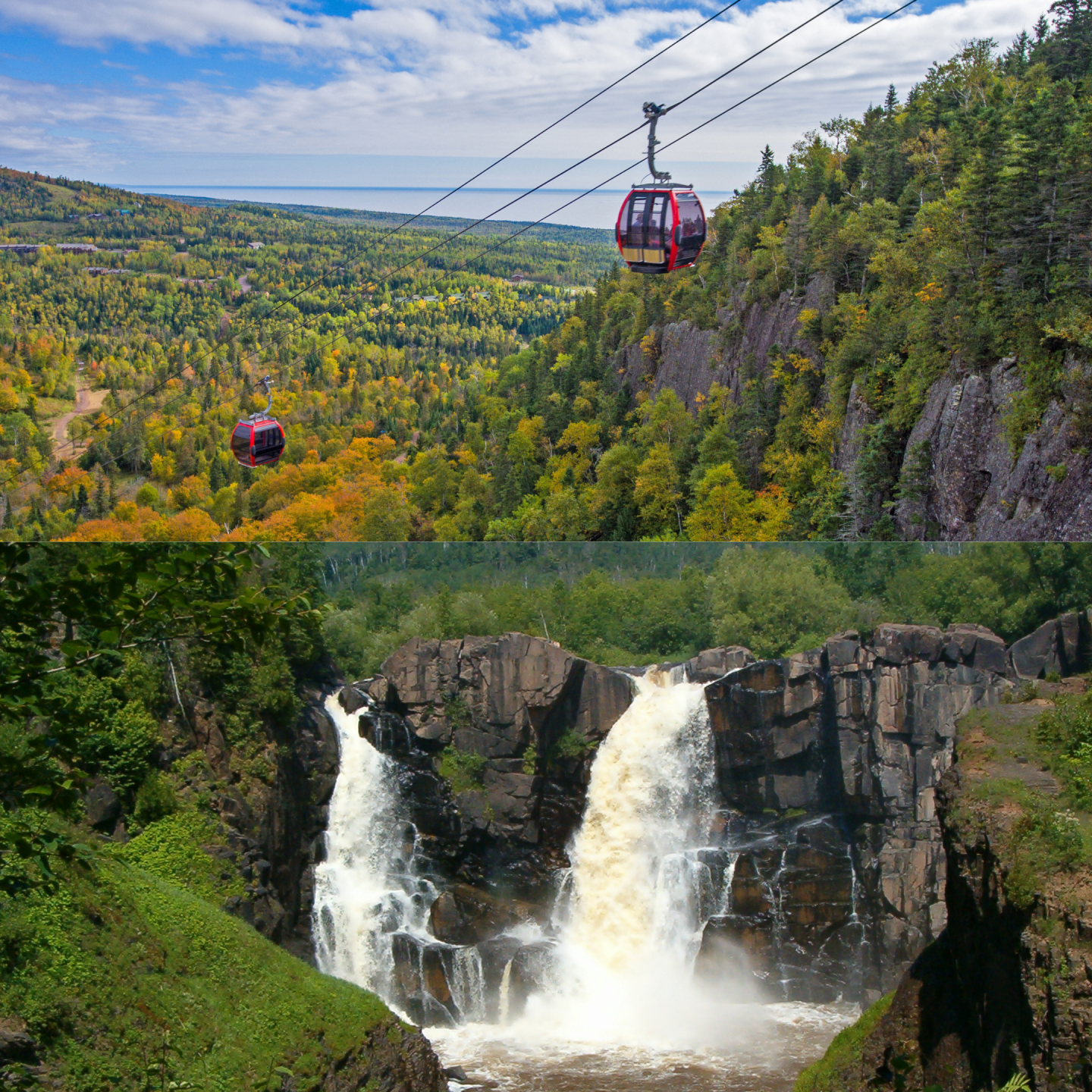 Cable cars over forested mountains; cascading waterfall below.