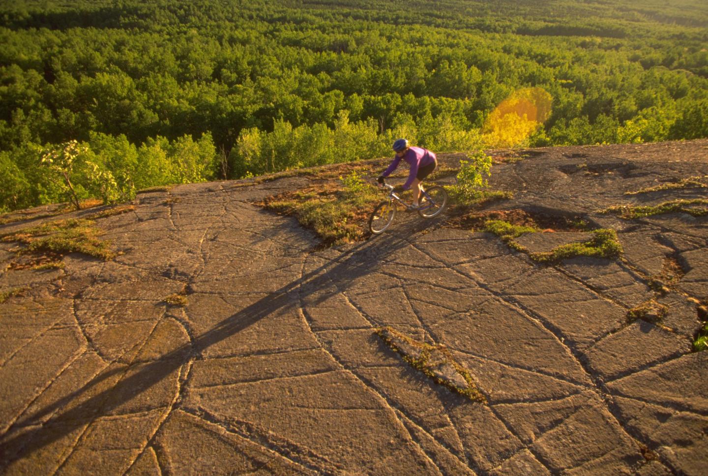 Cyclist on a rocky landscape, shadow cast on stone, green forest in the background.