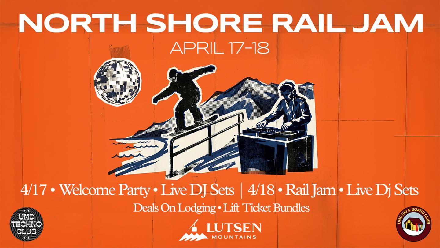 Snowboarder on rail with mountain backdrop, event details on orange background.