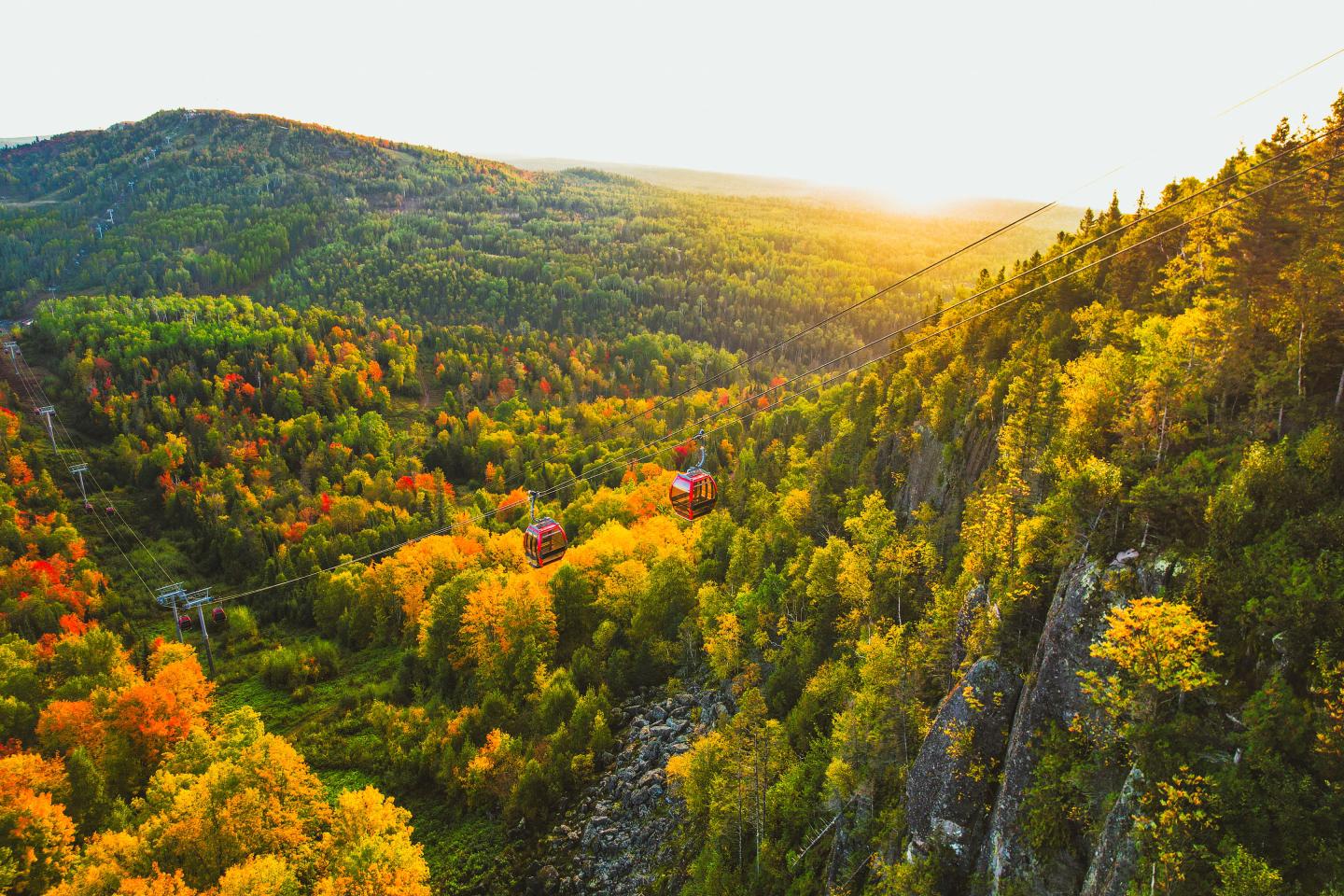 Sunset over a colorful autumn forest in the mountains.
