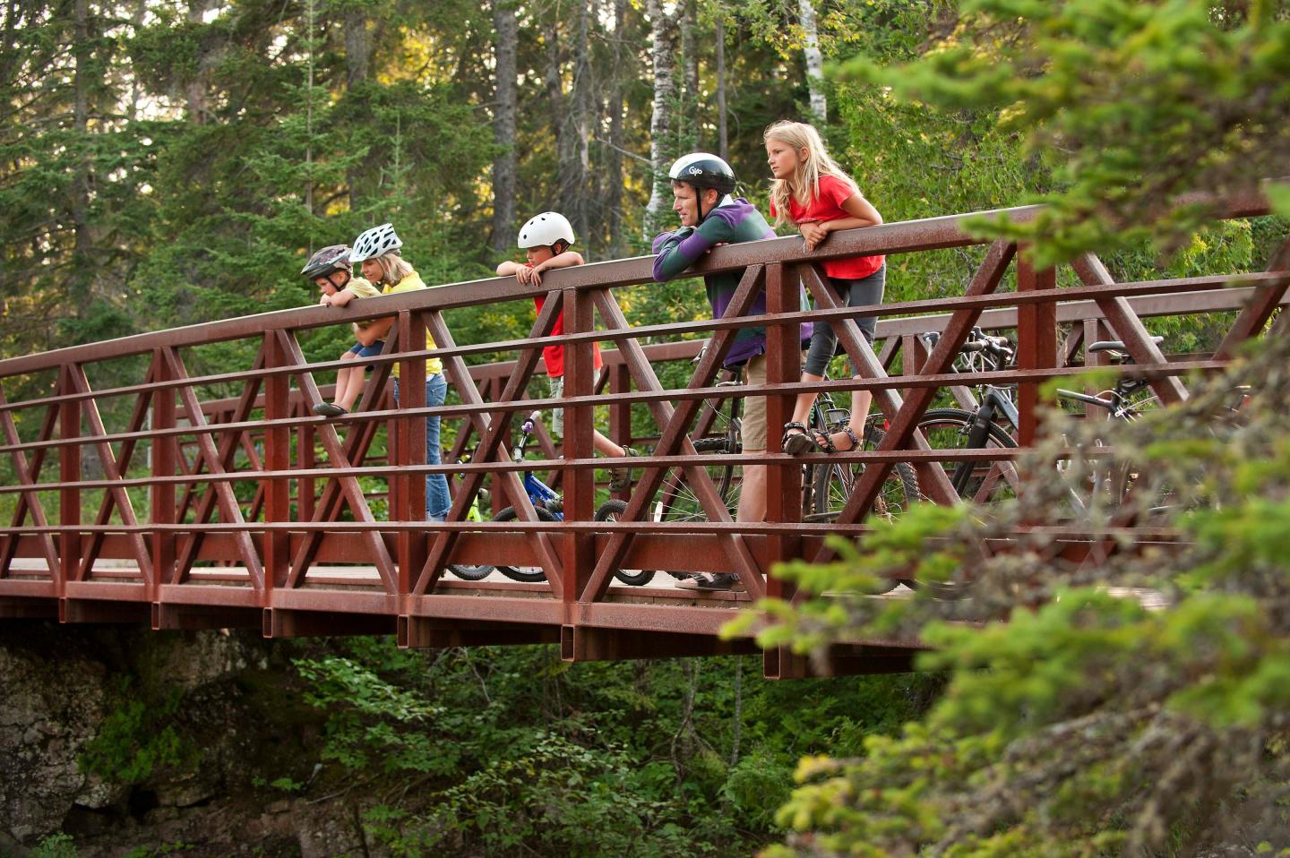 Cyclists in helmets on a bridge in a forest setting.