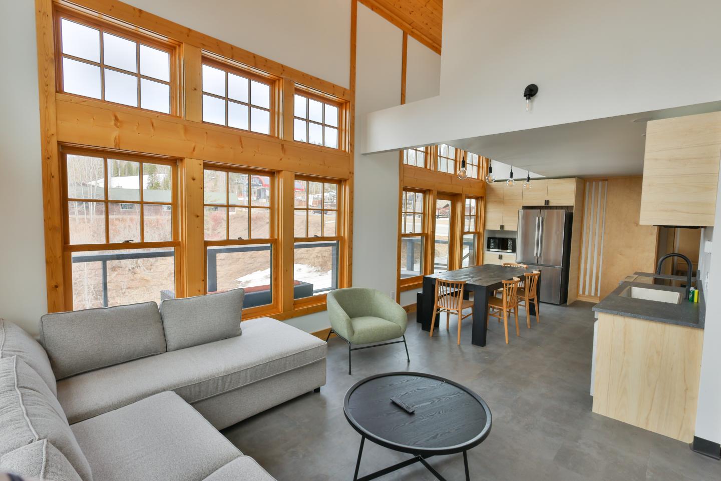 Bright living and kitchen area with large windows and modern furniture.