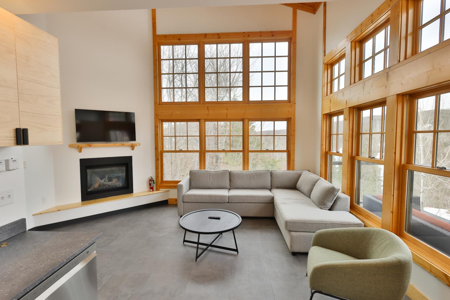 Bright living room with large windows, gray sectional sofa, and wall-mounted TV.