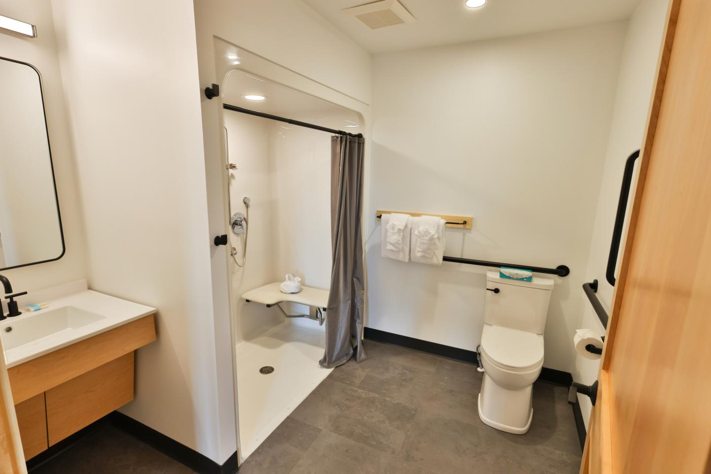 Modern bathroom with accessible shower and toilet, white walls, and a large mirror.