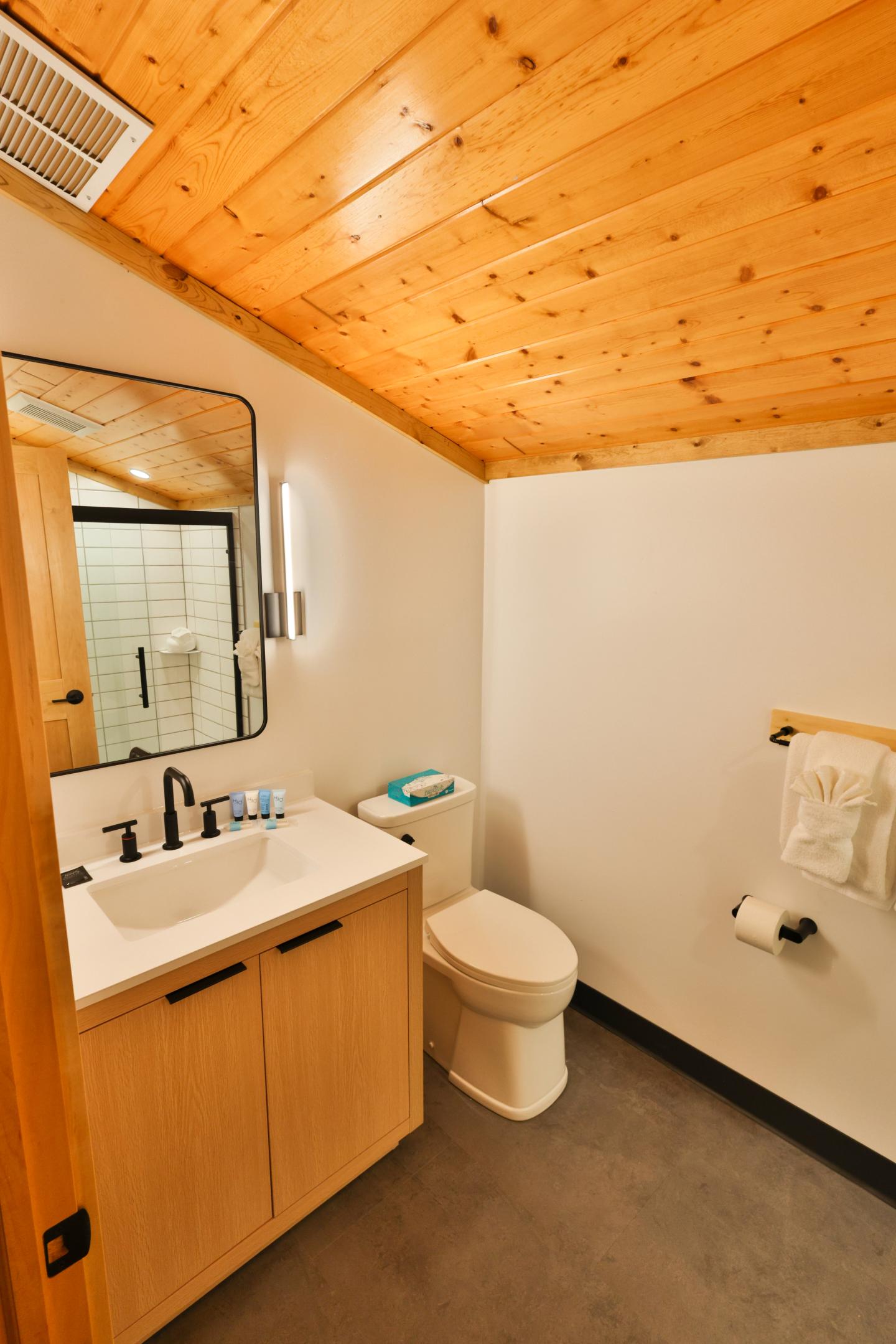 Cozy bathroom with wood ceiling, sink, and toilet.