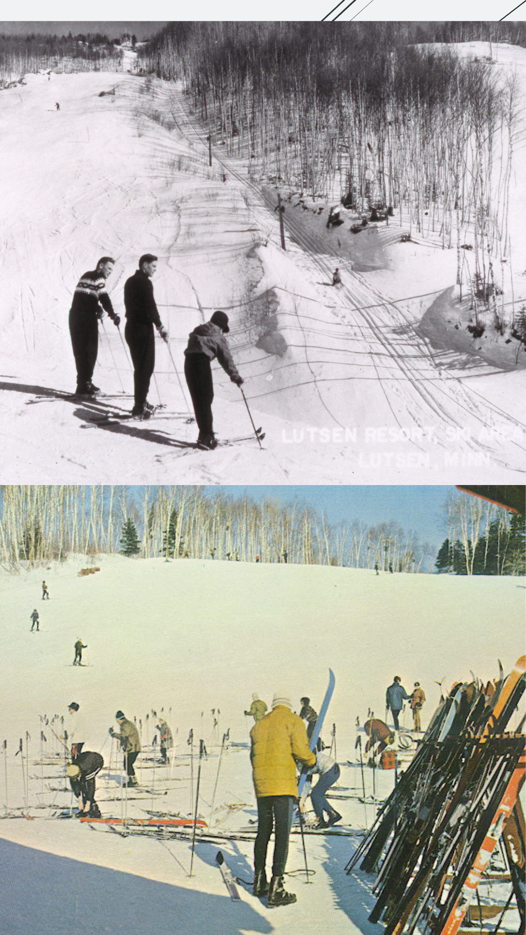 Historical photos of Lutsen; On top, Vintage photo of skiers in snow. Bottom: Colorful vintage picture of skiers with gear.