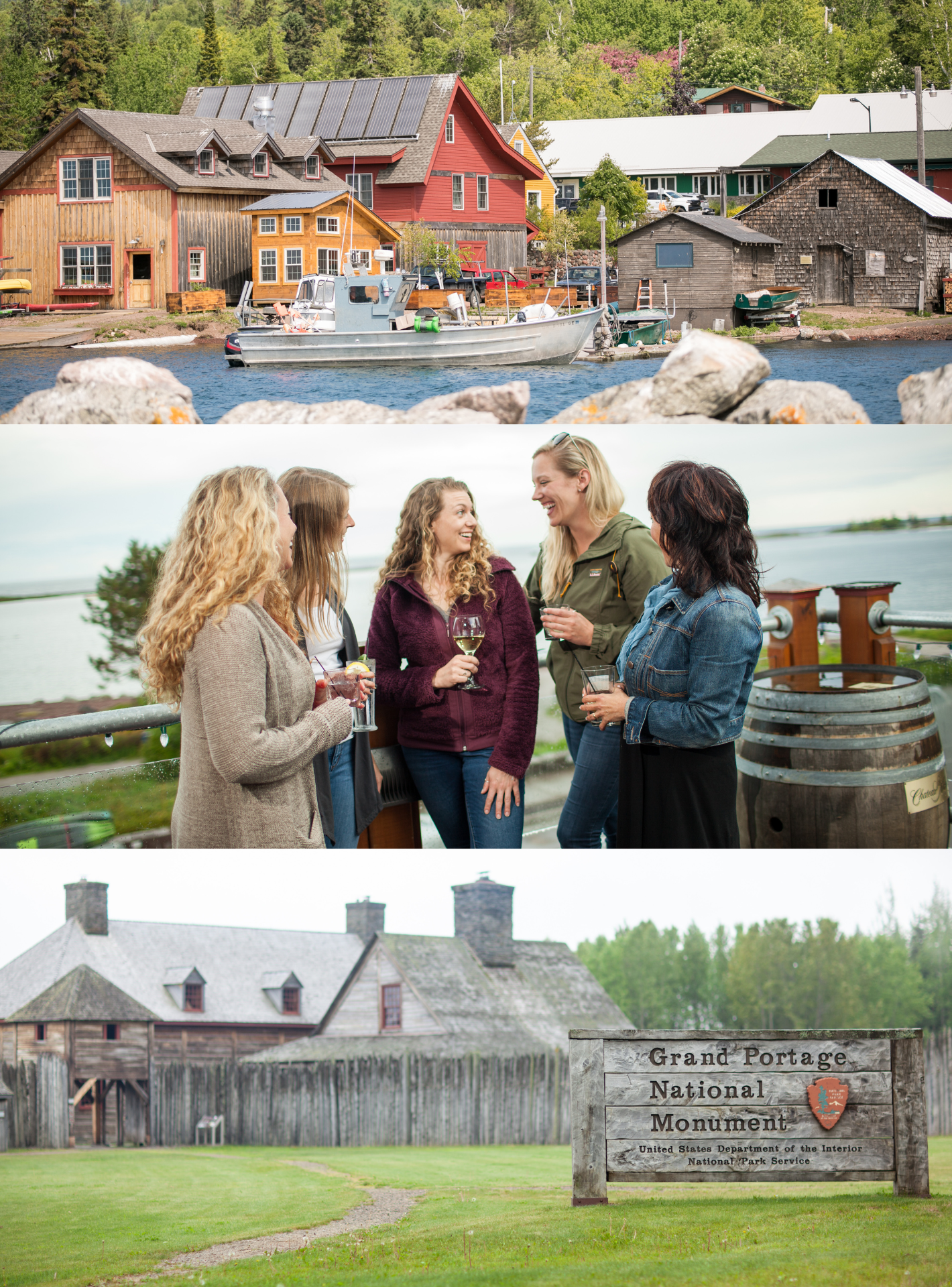 Rustic buildings by a lake; women chatting; historic fort entrance.