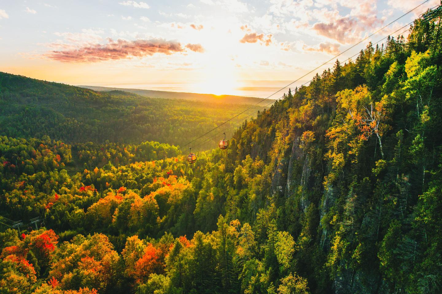 Sunset over a forested valley with colorful autumn trees and a distant horizon.