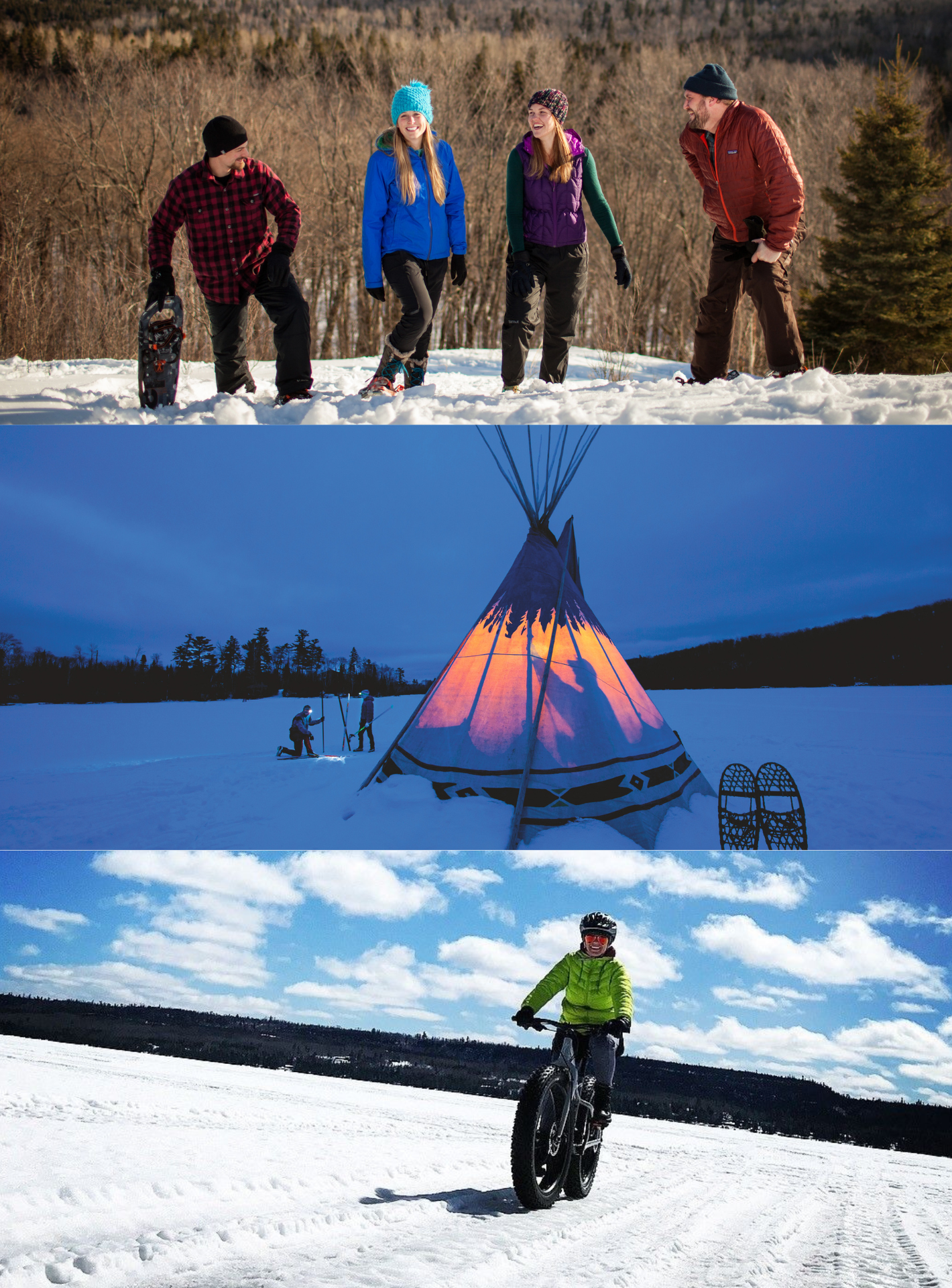 Three pictures; Top is friends snowshoeing together, middle is a tent set up at night, and bottom is someone fat tire biking