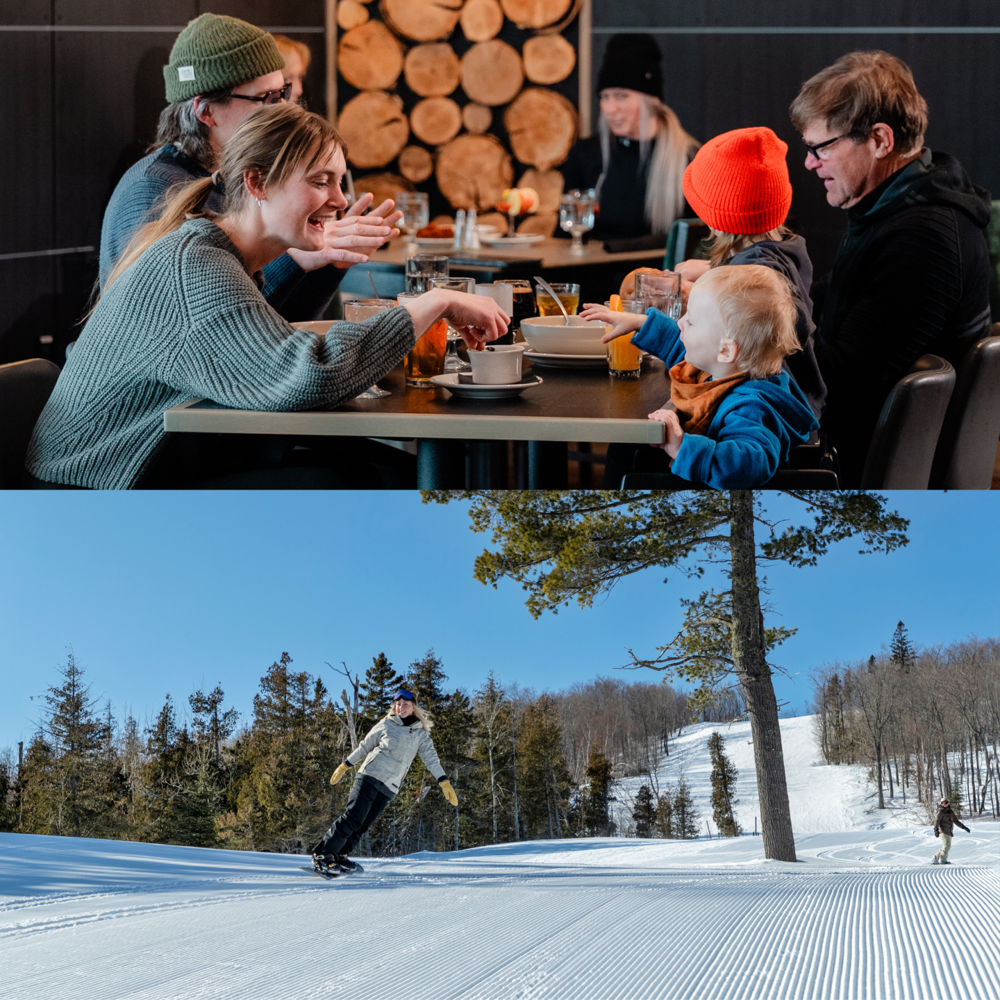 Family dining indoors above a skier jumping on a snowy slope.